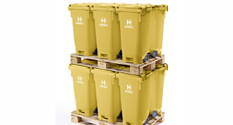 Transportoptimierte und stapelbare ClinicBOXX® Sammelbehälter für medizinische Abfälle auf Europaletten